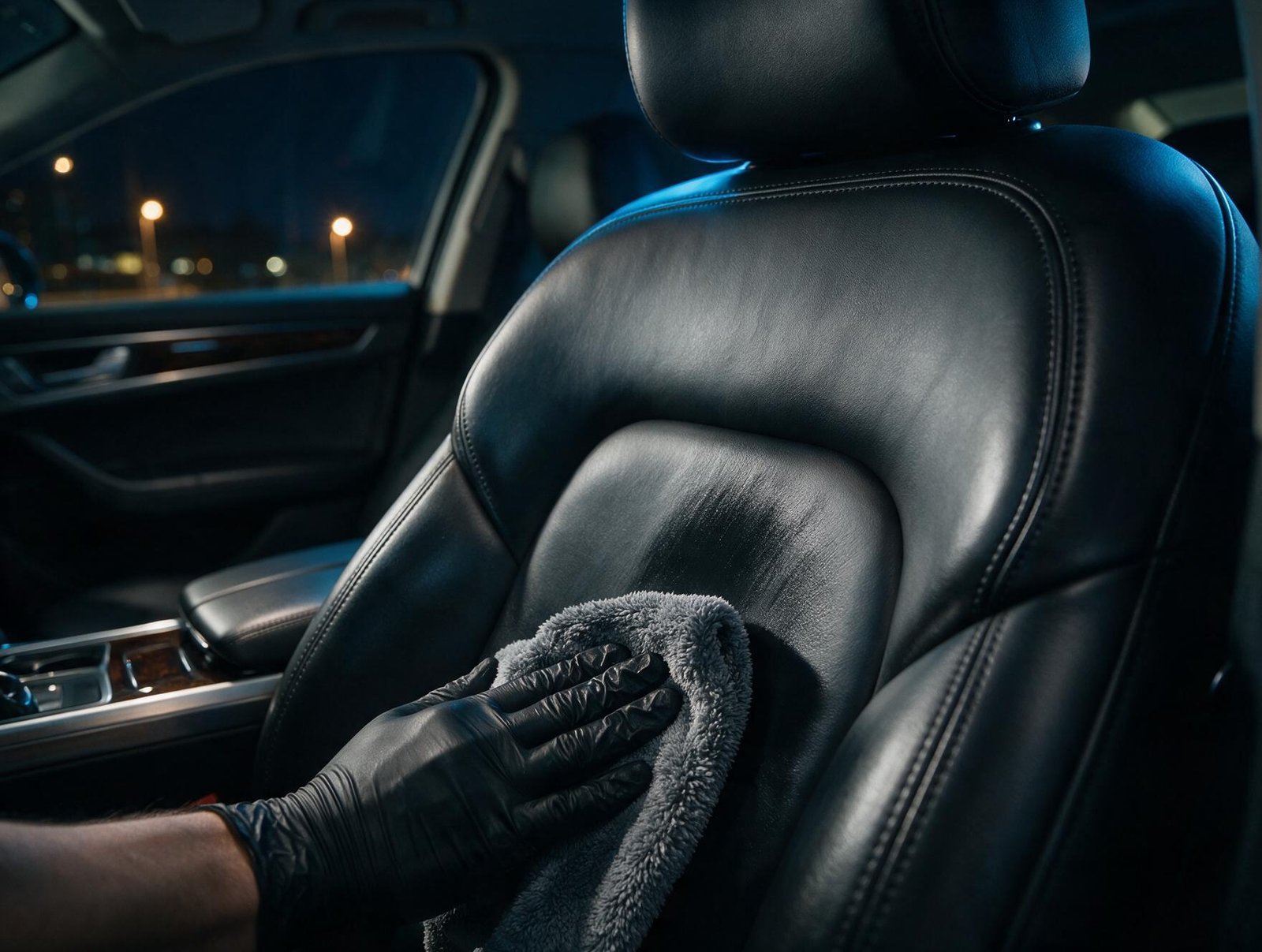 Detailer hand-cleaning a leather car seat