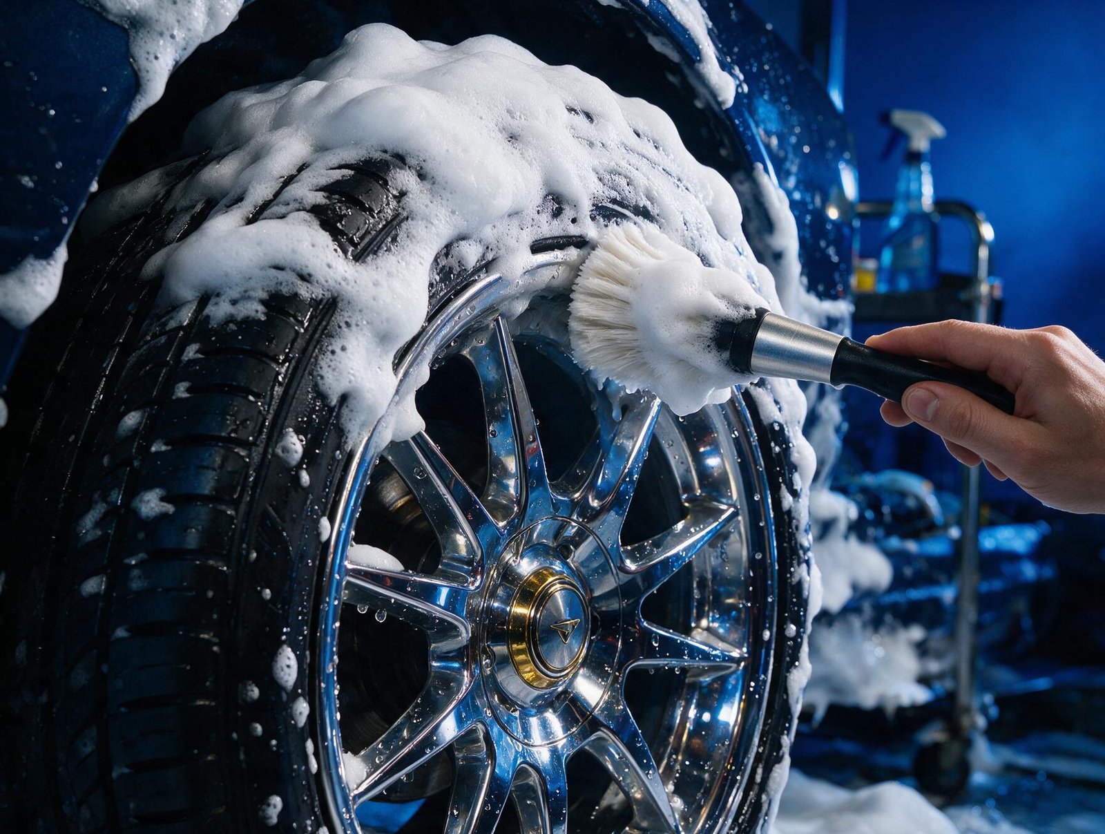Wheel and tire being hand washed with foam